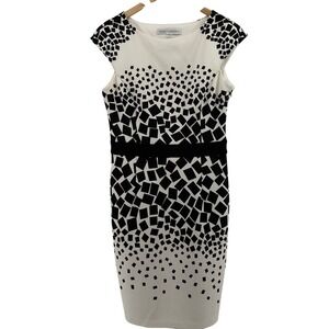 Maggy London Women's Black White Geometric Square Cap Sleeve Sheath Dress Size 8